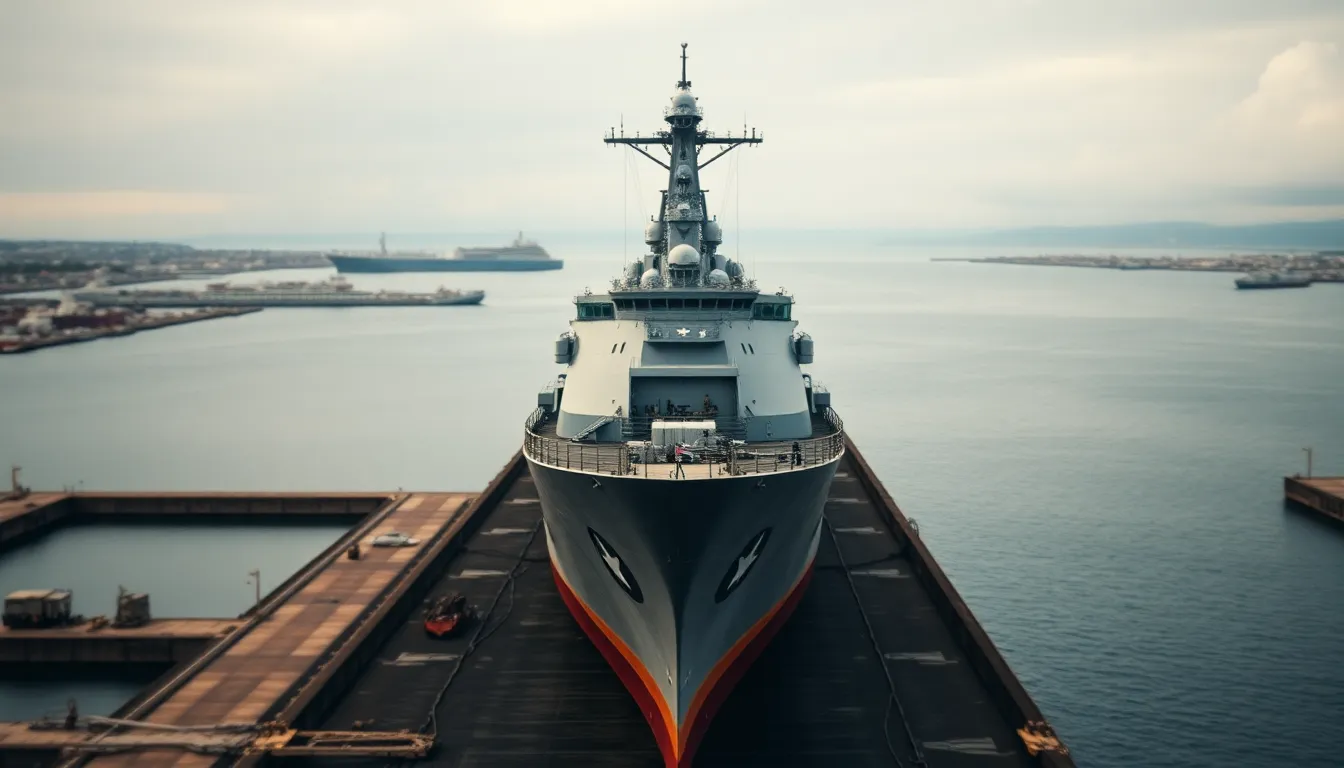 This serene image captures a warship anchored in a quiet harbor, bathed in soft light that emphasizes its structural elegance. The composition centers around the vessel, with muted colors enhancing the calmness of the scene. Every detail, from the textures of the ship to the ripples in the water, creates a powerful and contemplative atmosphere.