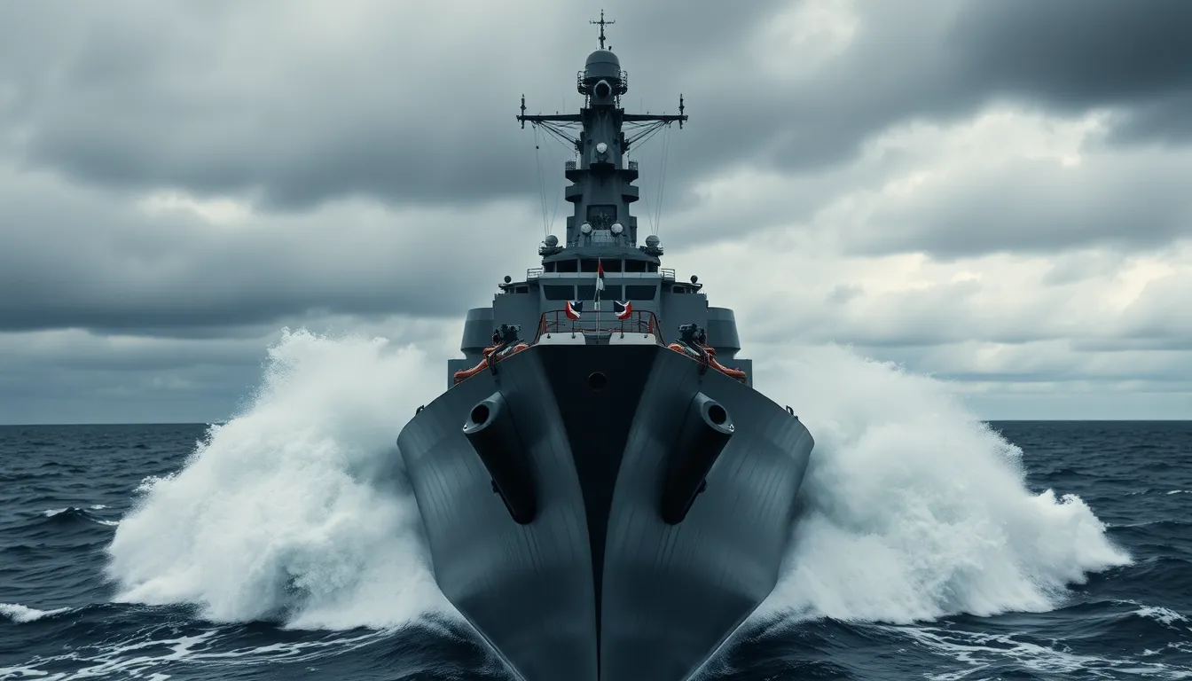 This powerful image captures a battleship bravely navigating through stormy seas, with waves crashing dramatically against its bow. The dark, tumultuous clouds create a striking contrast with the ship’s armor plating, emphasizing its strength. The hyperfocal distance ensures every detail is sharply captured, contributing to the overall impact. The centered composition underscores the battleship’s formidable presence as it battles the elements, showcasing the intersection of human engineering and nature.