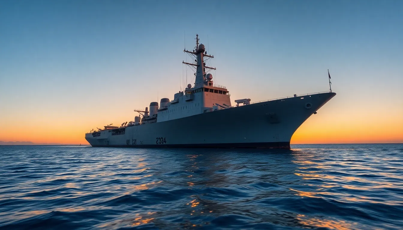 This image captures a majestic warship silhouette against a stunning sunset backdrop. The warm golden light emphasizes the ship's detailed texture and structure, while the calm sea mirrors its powerful presence. The shallow depth of field draws the viewer's attention to the vessel, surrounded by tranquil waters and a serene mood. The overall composition showcases a harmonious balance between nature and military might.