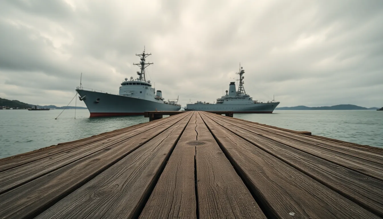 A powerful warship is docked at a foggy harbor, enveloped in the soft light of an overcast day. The muted colors of the scene emphasize the vessel's commanding presence, while the leading lines of the wooden pier guide the viewer's gaze toward it. The texture of the weathered wood contrasts beautifully with the sleek metal of the ship, creating a captivating interplay between nature and technology. This image reflects a sense of calm before the storm, great for military or nautical themes.