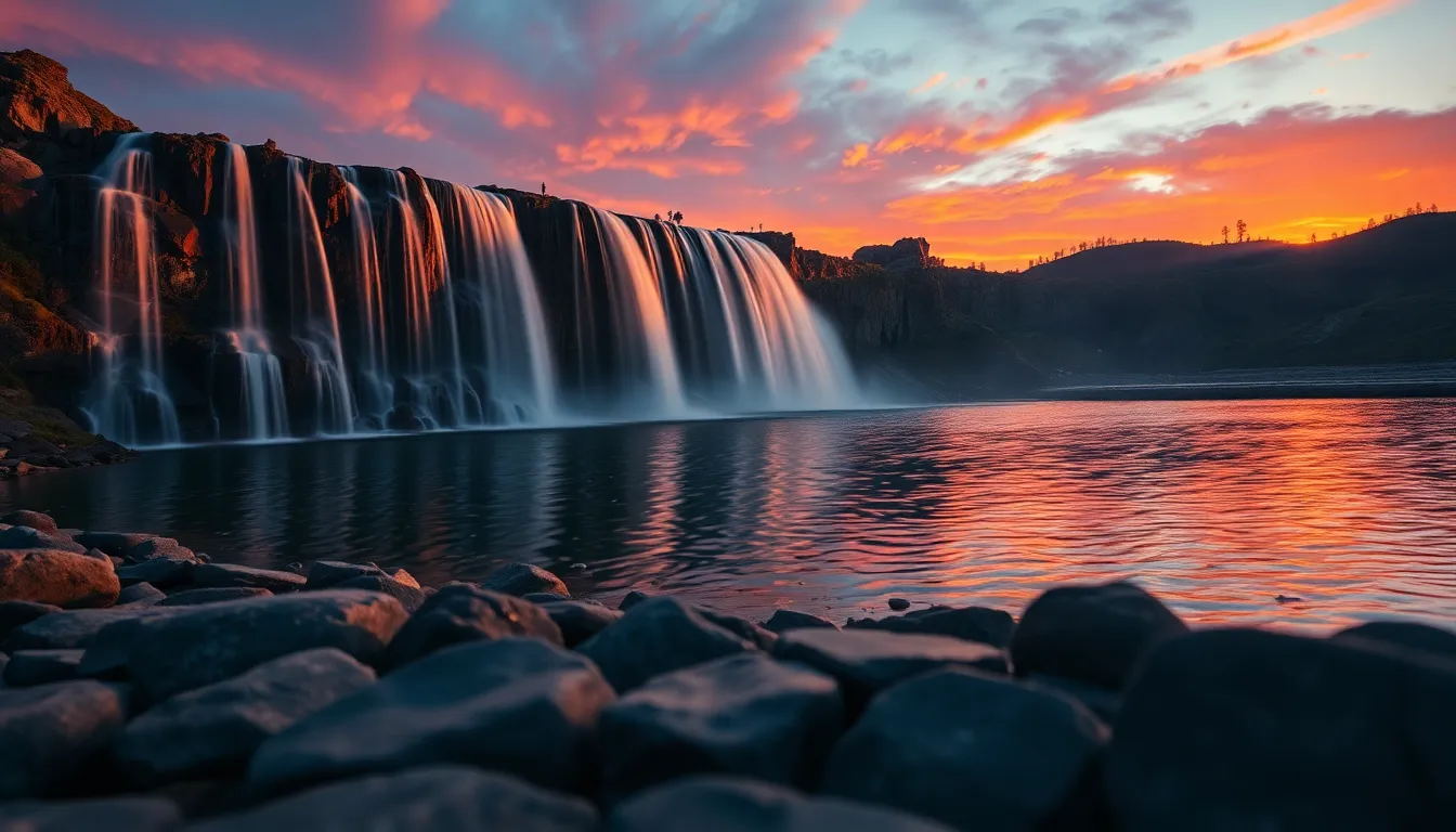 This breathtaking sunset scene captures a waterfall flowing into a tranquil lake, surrounded by vibrant hues of orange and purple reflected in the water. Shot in medium format, the clarity and detail are remarkable, with everything from the foreground stones to the distant landscape in sharp focus. Butterfly lighting adds dramatic shadows, enhancing the textures of the rocks and water. The composition beautifully guides the viewer's eye through the scene, celebrating the harmony of nature at dusk.