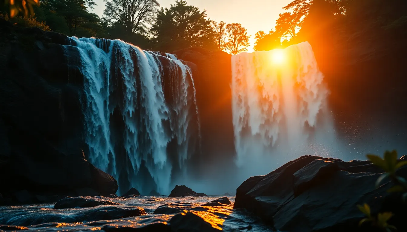 This stunning image captures a breathtaking waterfall at sunset, with golden light illuminating the cascading waters. The foreground features rugged rocks, contrasting beautifully with the delicate mist created by the falling water. The vibrant teal and orange hues lend a cinematic feel, enhancing the natural beauty of the landscape. The composition draws the eye to the waterfall, set against a tranquil, blurred background of lush foliage.