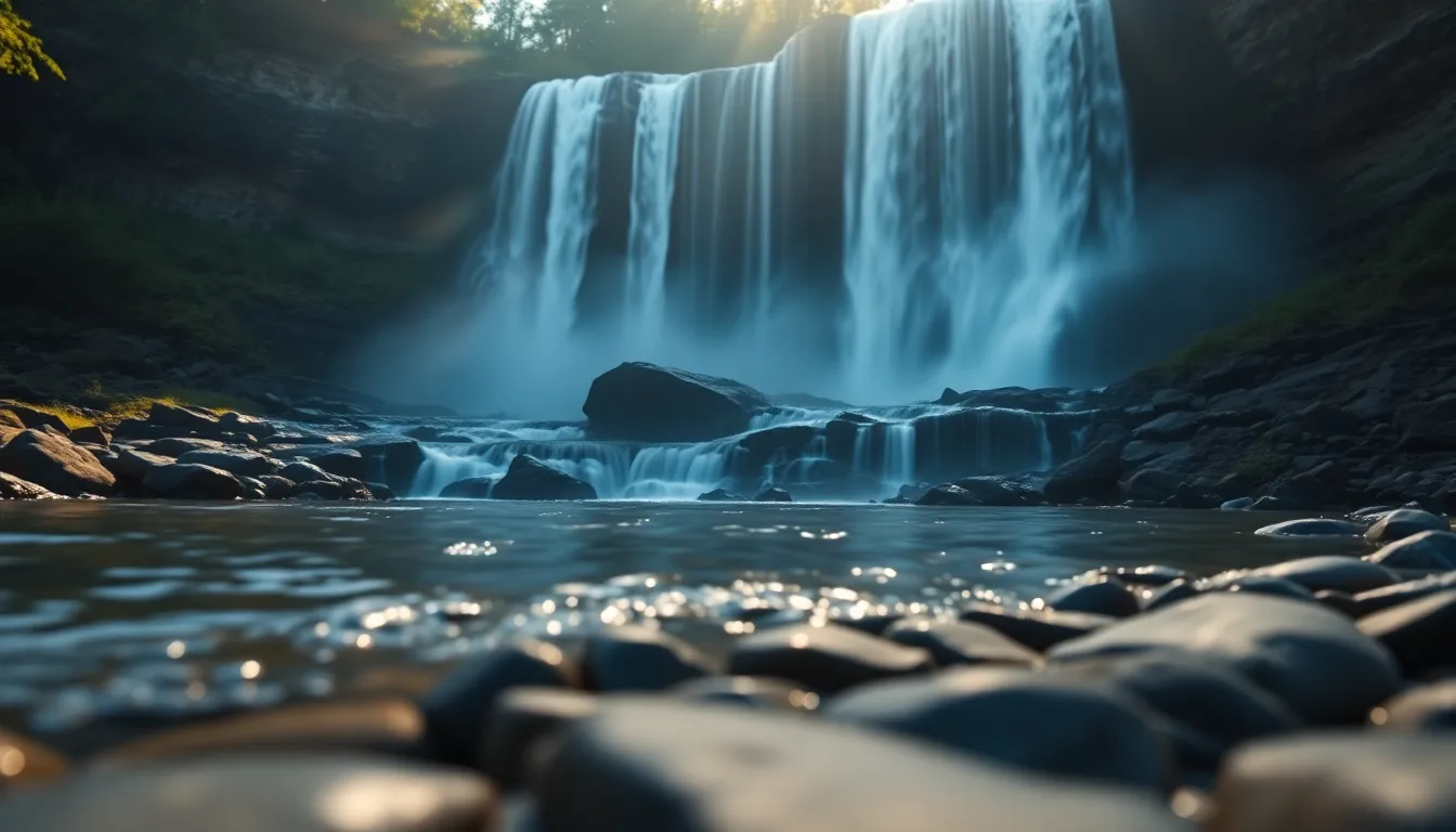 Sparkling Waterfall in Morning Light This vibrant image presents a sparkling waterfall in the early morning light. The backlighting creates enchanting highlights that dance on the water, while rich saturated colors enhance the lush surroundings. With a selective focus, the waterfall stands out against a softly blurred foreground, inviting viewers into the scene. The natural leading lines of the riverbank draw attention towards the majestic cascade.