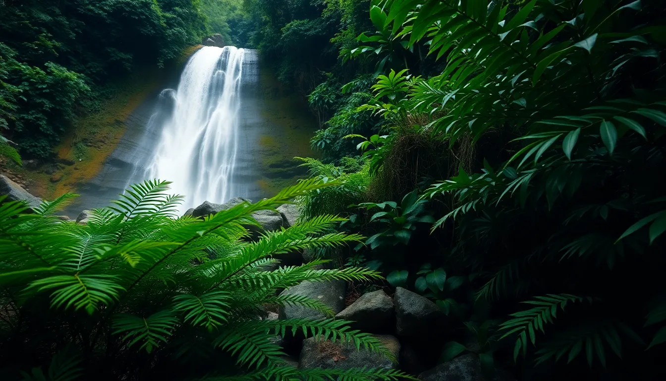 This striking image features a dramatic waterfall cascading into a vibrant turquoise pool, surrounded by rugged cliffs under a clear blue sky. The bright midday sun accentuates the power of the water and the texture of the rocks. With hyperfocal focus, the viewer can appreciate every detail from the foreground stones to the distant cliffs. A symmetrical composition enhances the visual impact, making this scene a captivating portrayal of nature's beauty.