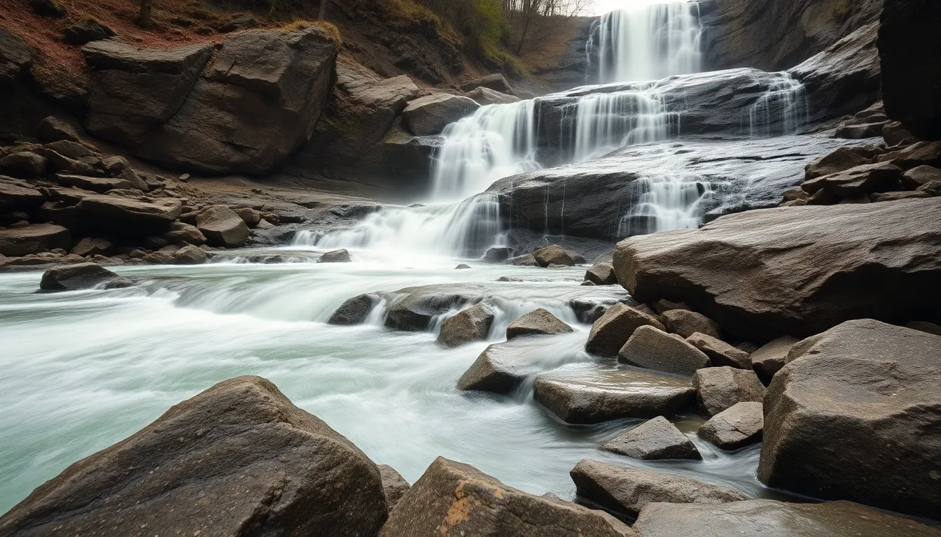 This image showcases a serene waterfall cascading over moss-covered rocks, captured in soft, diffused daylight. The overcast sky contributes to the muted colors while emphasizing the beauty of the natural textures in the scene. The shallow depth of field draws focus to the intricate details of the stones, creating a tranquil mood perfect for nature lovers. The composition is enhanced by positioning the waterfall off-center, inviting viewers in.