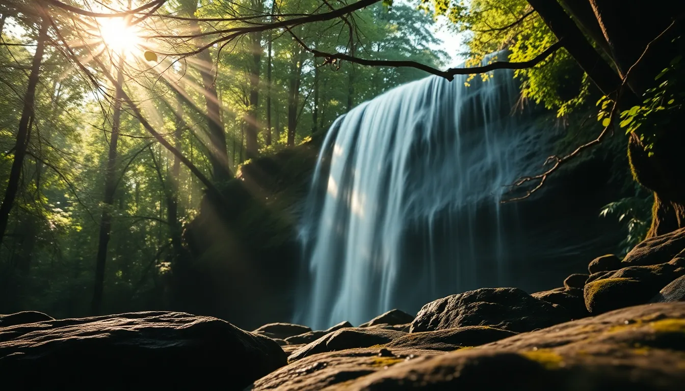 In this serene forest scene, a majestic waterfall tumbles over moss-covered rocks, illuminated by dappled sunlight filtering through the canopy above. The natural colors of the lush greenery and earthy browns create a calming palette, while the soft details of the water’s movement enhance the tranquil atmosphere. The composition skillfully guides the viewer's gaze through the forest to the waterfall, inviting a sense of peace and connection with nature.