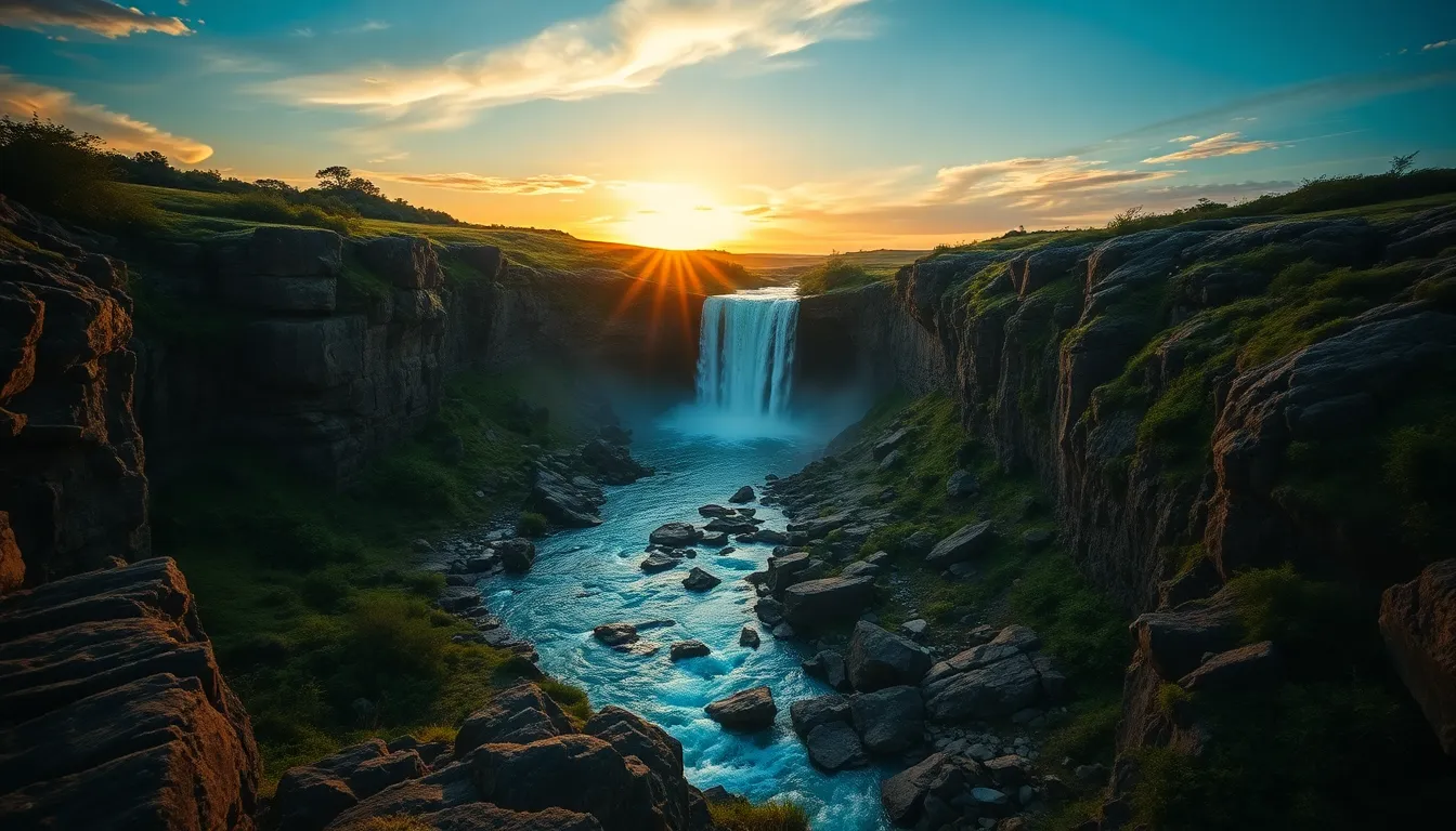 A breathtaking waterfall crashes down amidst rugged cliffs, dramatically lit by the warm hues of sunset. The sharp focus captures every detail from the rocks to the cascading water, enhancing the natural textures. Lush greenery frames the waterfall, while leading lines from the riverbanks draw the eye to the center of this dynamic scene, evoking a sense of adventure and awe.