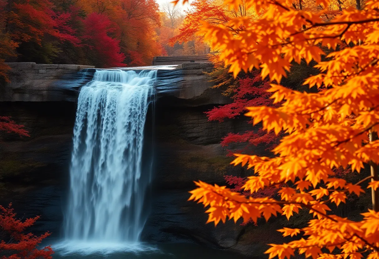 This stunning image captures a waterfall framed by vibrant autumn foliage, showcasing the rich hues of red, orange, and yellow leaves. The warm glow of the golden hour light enhances the colors, creating an inviting and serene atmosphere. With everything in focus, viewers can appreciate the intricate details of the waterfall and the surrounding trees. The composition draws the eye through the scene, inviting exploration of nature's beauty during fall.