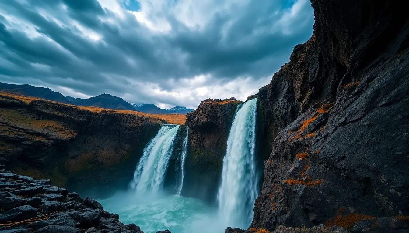 Experience the raw power of nature in this dramatic image of a waterfall plunging into a rocky gorge under a moody, stormy sky. The lighting creates a dynamic interplay of shadows and highlights, enhancing the intensity of the cascading water. The cinematic color grading of teal and orange adds an emotional depth to the scene. This wide-angle shot captures the grandeur of the landscape, inviting viewers to appreciate the unyielding beauty of nature.