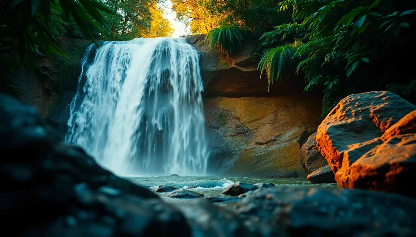 This breathtaking image captures a majestic waterfall cascading down rugged cliffs, surrounded by dense greenery. Overcast lighting enhances the rich colors of the forest, while the water glistens in the soft light. The shallow depth of field emphasizes the waterfall, creating a stunning focal point amidst the serene backdrop. The composition draws the viewer's eye into the lush landscape, inviting them to experience the tranquility of nature.