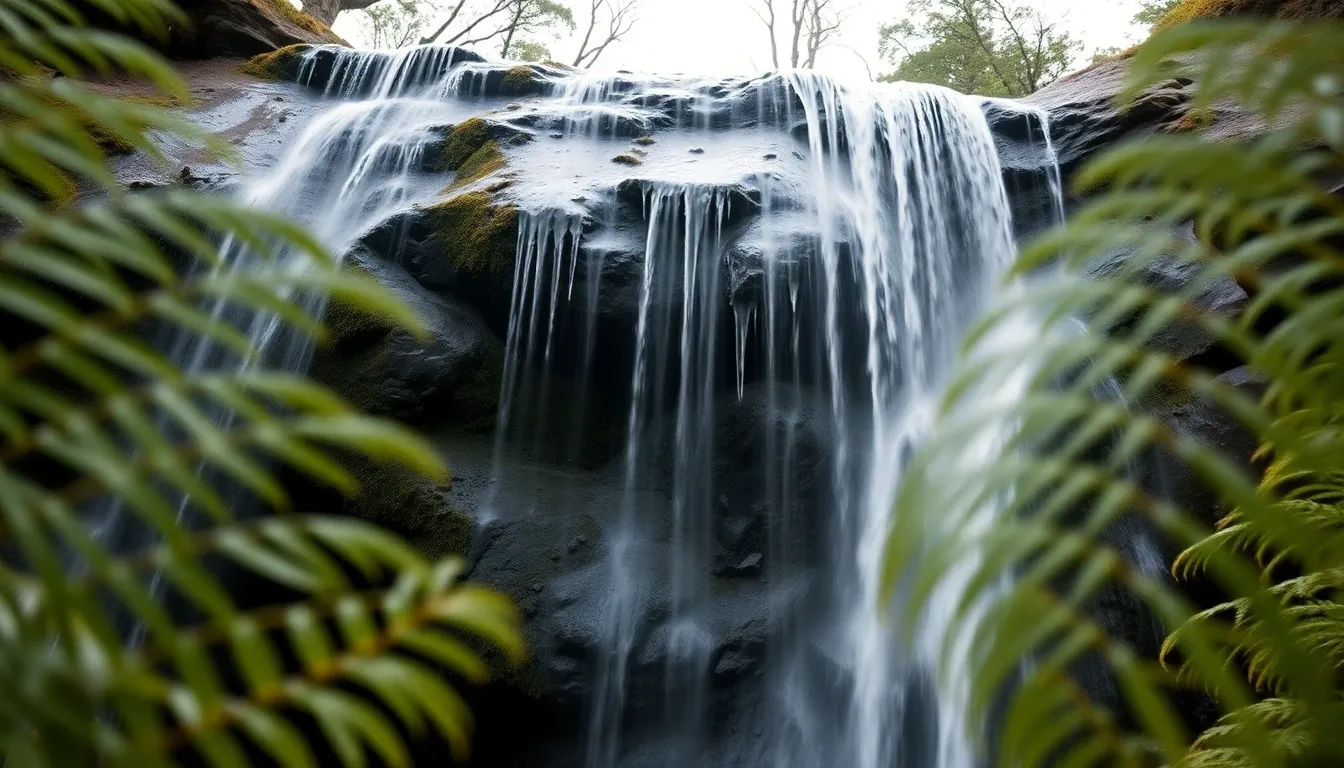 This tranquil image features a gently flowing waterfall cascading down a moss-covered rock face, perfectly framed by delicate fern fronds. The soft diffused lighting creates a peaceful atmosphere, inviting viewers to experience the serenity of nature. The harmonious color palette of earthy greens and grays emphasizes the natural beauty of the scene, while the shallow depth of field draws attention to the intricate details of the water droplets against a blurred background.