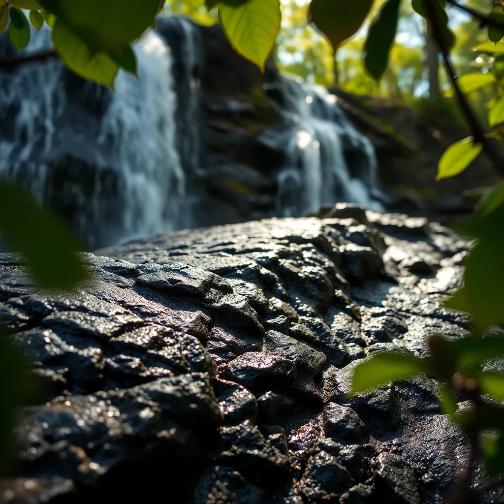 This close-up image captures the intricate details at the edge of a waterfall, highlighting the rich textures of the wet rocks and the gentle flow of water. Dappled sunlight filters through the trees overhead, creating a beautiful interplay of light and shadow that enhances the natural beauty of the scene. The shallow depth of field draws focus to the textured surfaces, with soft bokeh providing a dreamy background. This composition artfully frames the waterfall within lush foliage, inviting viewers to explore the natural setting.