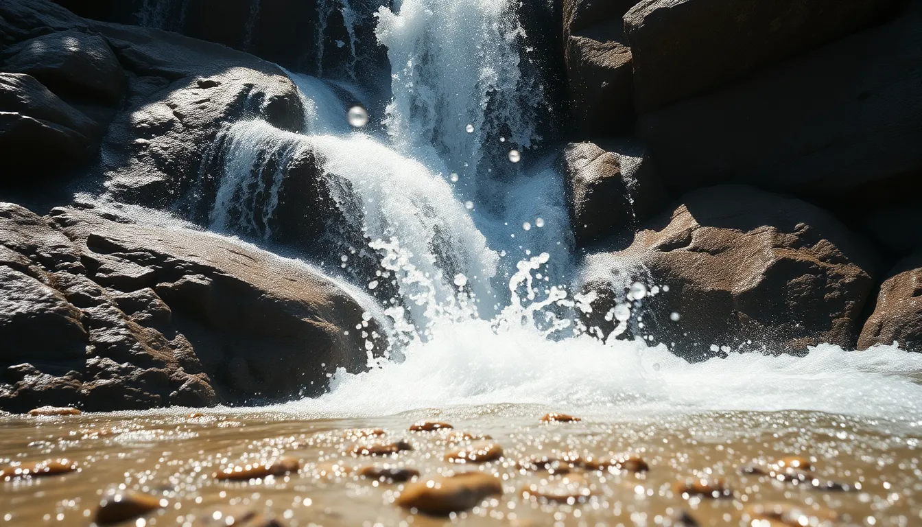 Intricate Waterfall Details This detailed macro photograph showcases a waterfall illuminated by strong midday sunlight, highlighting the vibrant activity of the water. The hyperfocal distance captures both the elegant flow of the waterfall and the surrounding rocks with clarity and texture. The Kodak Portra color palette enriches the scene with soft hues, emphasizing the beauty and fluidity of nature, immersing viewers in its dynamic essence.
