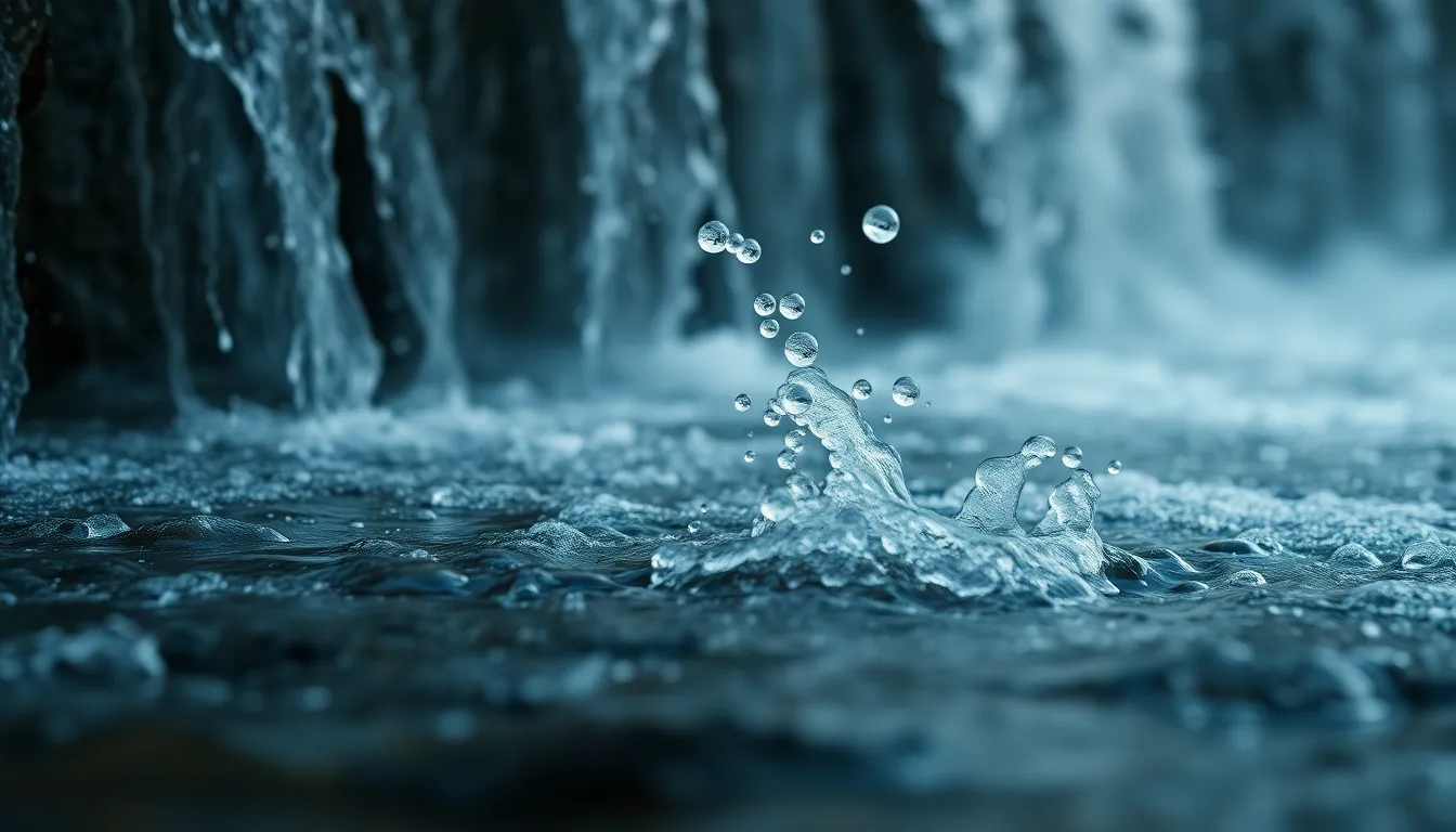 This close-up image captures the dynamic action of water splashing at the base of a beautiful waterfall. The macro perspective highlights the intricate droplets and reflections as they burst from the surface, evoking a sense of energy and motion. Butterfly lighting accentuates the textures of the water while the muted tones create a feeling of purity and tranquility. Such detail invites viewers to immerse themselves in the beauty of nature's elements.