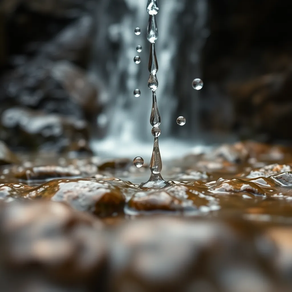 An intimate close-up of water droplets cascading over smooth rocks at a small waterfall, creating an engaging study of texture and movement. Enhanced by warm tungsten lighting, each droplet glistens with clarity against the blurred backdrop. The soft focus ensures the viewer’s attention is drawn to the exquisite details of nature in this serene moment. The color palette remains muted, allowing the natural beauty of the stones and flowing water to shine through.