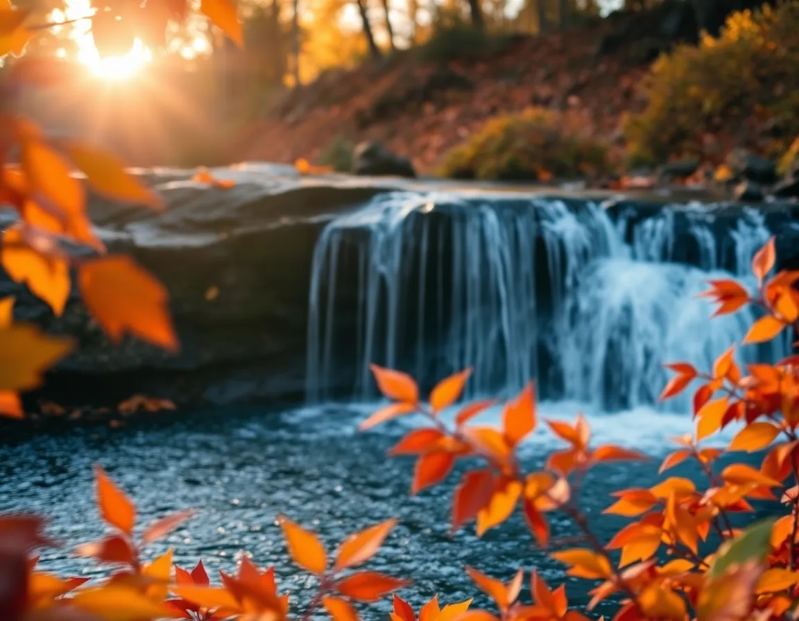 This tranquil image beautifully portrays a waterfall surrounded by vibrant autumn foliage, caught in the golden hour's warm light. The delicate interplay of colors from the leaves enhances the tranquil atmosphere, while the water flows gracefully, drawing the eye. The warm backlighting adds depth and dimension, making the water glimmer. The composition thoughtfully positions the waterfall within a colorful frame of leaves, inviting viewers to immerse themselves in nature's beauty.