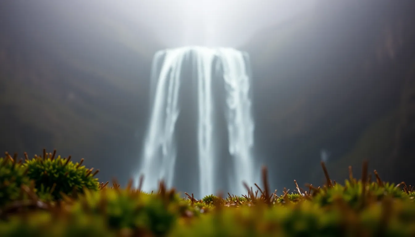 This enchanting image showcases a waterfall enveloped in early morning fog, enhancing its ethereal beauty. Water droplets glisten on the surrounding foliage, highlighting the intricate textures of moss and grass. The soft diffused light warms the scene, inviting viewers into a tranquil, magical world where nature reigns supreme.