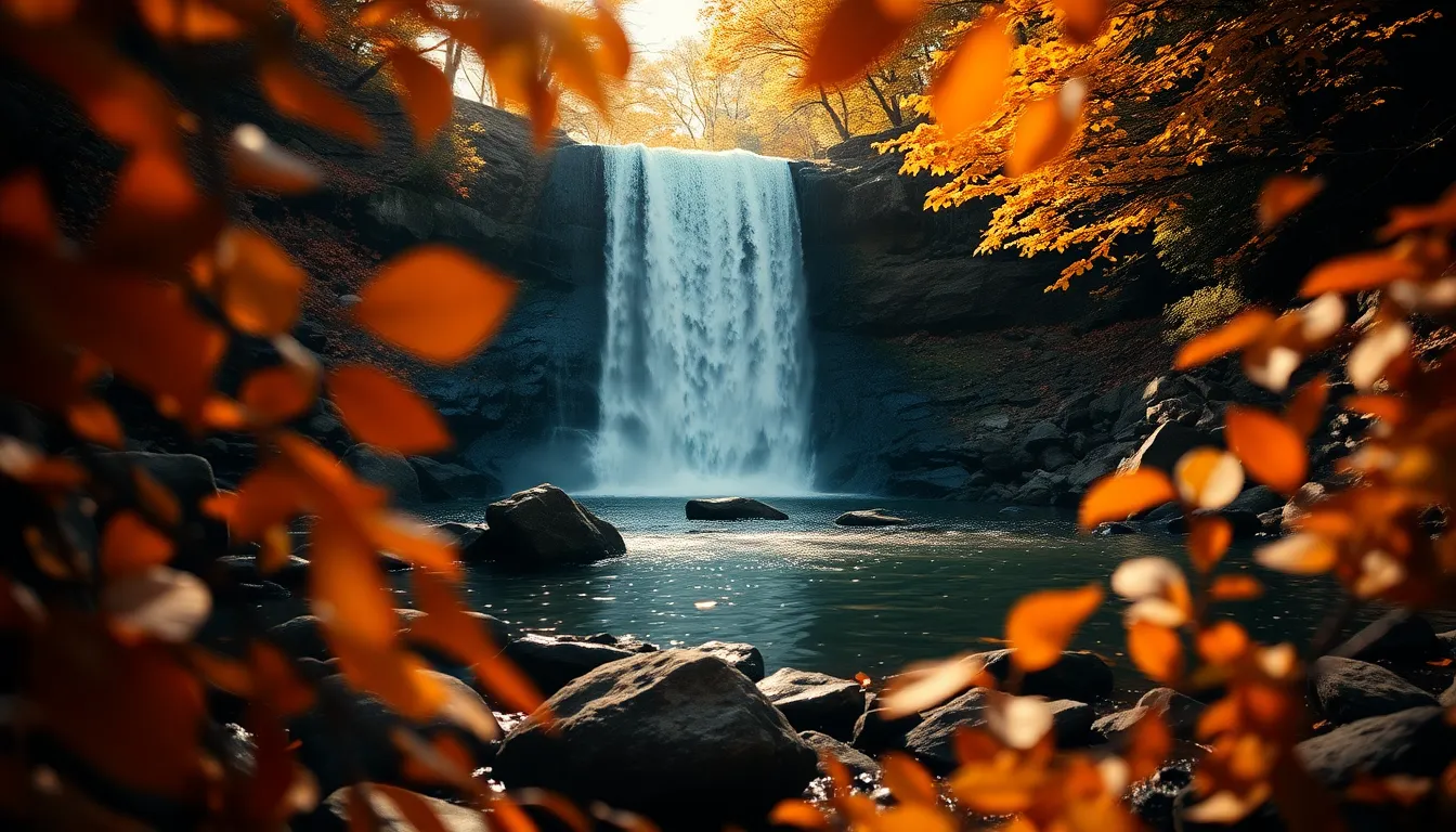 A dramatic waterfall cascades into a crystalline pool, surrounded by a vibrant carpet of autumn leaves. Sunlight filters through the trees, creating sparkling highlights on the water's surface and casting a warm glow over the scene. The composition centers on the waterfall, drawing the viewer’s attention to its power and beauty, while the rich colors of fall foliage provide a stunning backdrop. This photorealistic capture showcases the intricate textures of both water and leaves.
