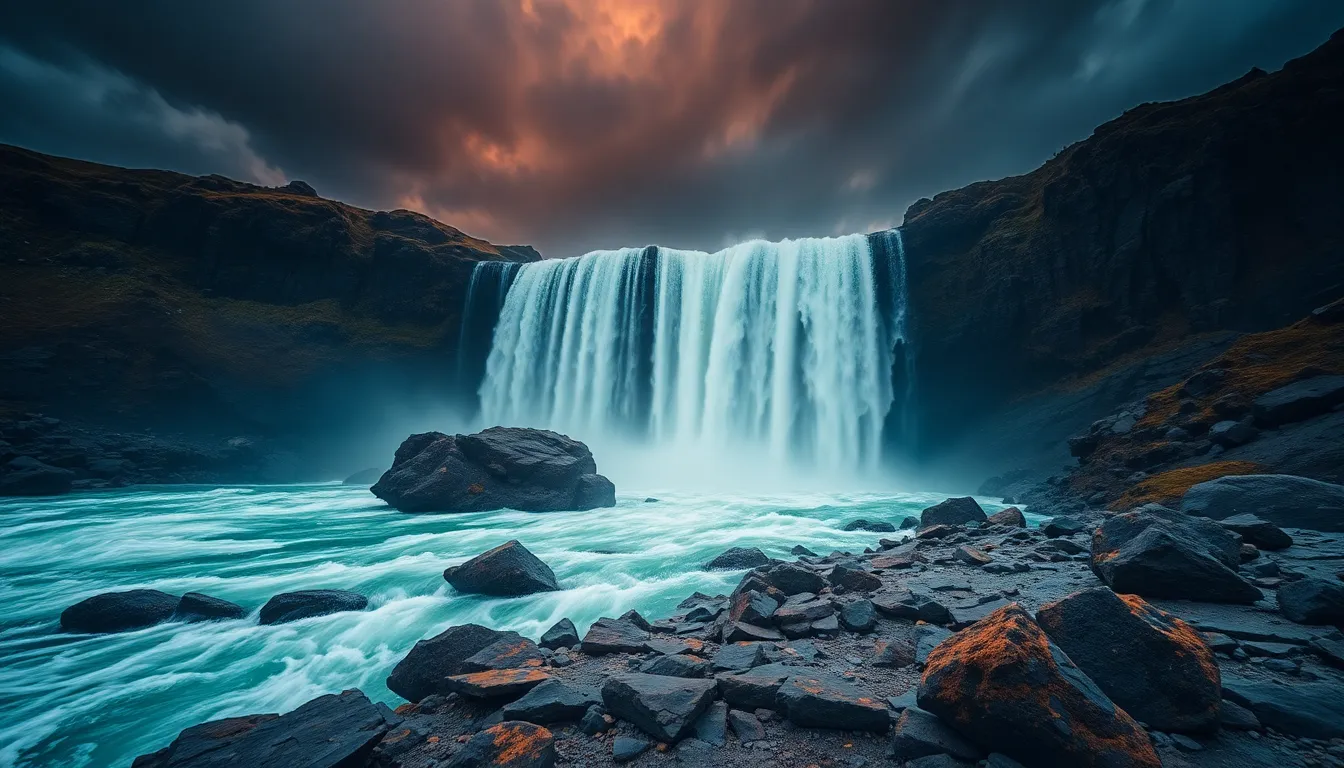 This powerful image depicts a waterfall cascading with force under the shadow of an approaching storm. The moody lighting and dramatic contrasts in color give a sense of urgency, while the majestic beauty of the water is accentuated by sharp details from the surrounding rock formations. Leading lines from rocky trails contribute to the composition, drawing viewers into the heart of nature's fierce energy. Each detail adds to the dynamic atmosphere of this captivating natural scene.