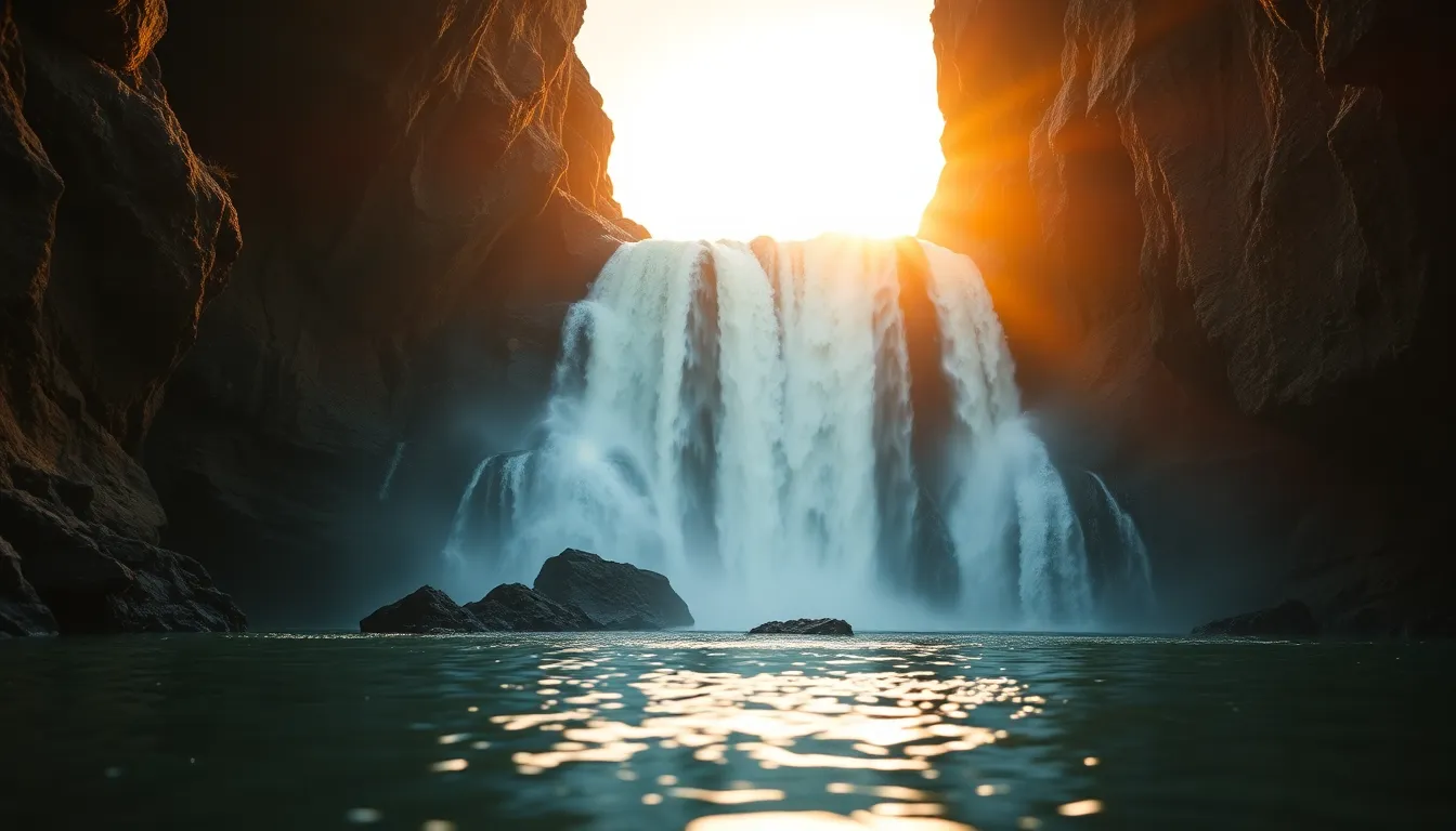 Golden Hour Waterfall Reflection This breathtaking image captures a waterfall during the enchanting golden hour, with warm evening light enhancing the scene's beauty. The waterfall's gentle cascade is sharply focused, set against dramatic rock formations that frame the composition perfectly. The smooth water surface reflects the vibrant colors of the sunset, creating a harmonious and tranquil atmosphere that draws the viewer in.