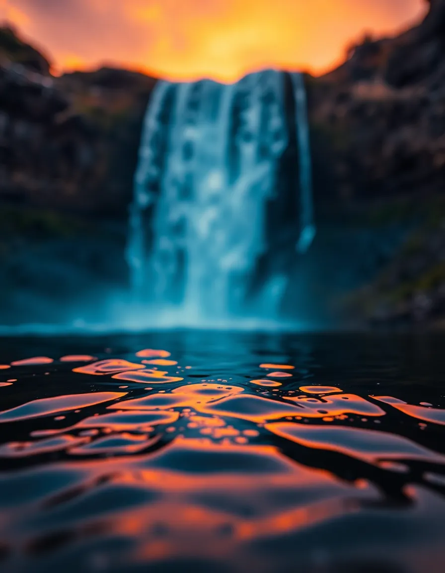 This breathtaking image captures a waterfall at sunset, where the golden light bathes the flowing water in warm tones, contrasting beautifully with the cooler shades of the falling water. The selective focus emphasizes the intricate details of the water’s surface, while the creamy bokeh in the background enhances the dreamlike quality of the scene. Utilizing a Dutch angle adds dynamism, drawing attention to the flow of water as it cascades down. This photograph evokes tranquility and awe, perfect for nature lovers.