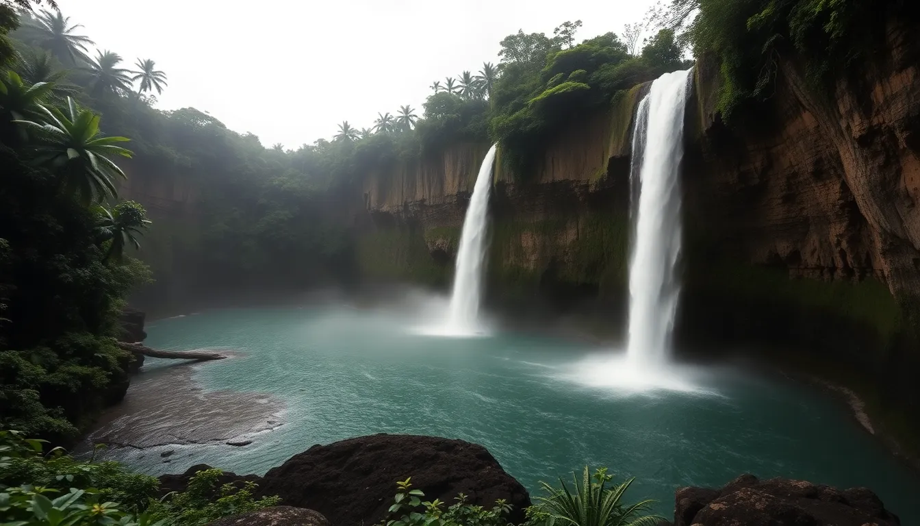 This stunning panoramic image captures a powerful waterfall cascading dramatically into a misty lagoon, framed by steep cliffs and lush tropical vegetation. The soft, diffused light from an overcast sky enhances the serene yet dramatic ambiance of the scene. The harmonious blend of muted earth tones creates a rich visual experience, showcasing the vivid greens of the foliage and the deep blues of the water. The composition skillfully directs the viewer's eye towards the waterfall, inviting exploration of the surrounding natural beauty.