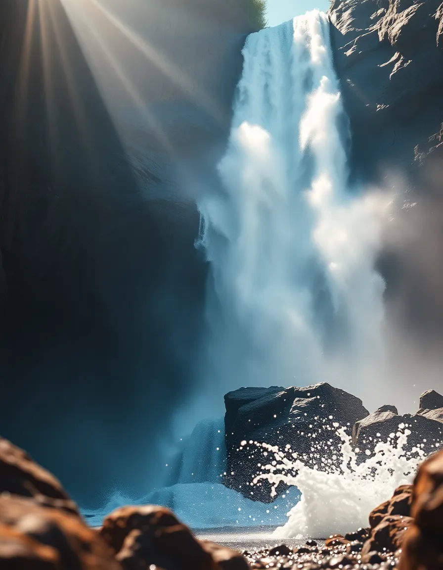 This powerful image captures the raw energy of a waterfall plunging from a steep cliff, with water splashing into the basin below. Bright morning sunlight creates dramatic contrasts, enhancing the water's crystal clarity and the rugged textures of the surrounding rock. The composition emphasizes the movement and intensity of the scene, inviting viewers to feel the power of nature. The sharp focus on the cascading water contrasted with the smooth, blurred background adds depth to the photograph.