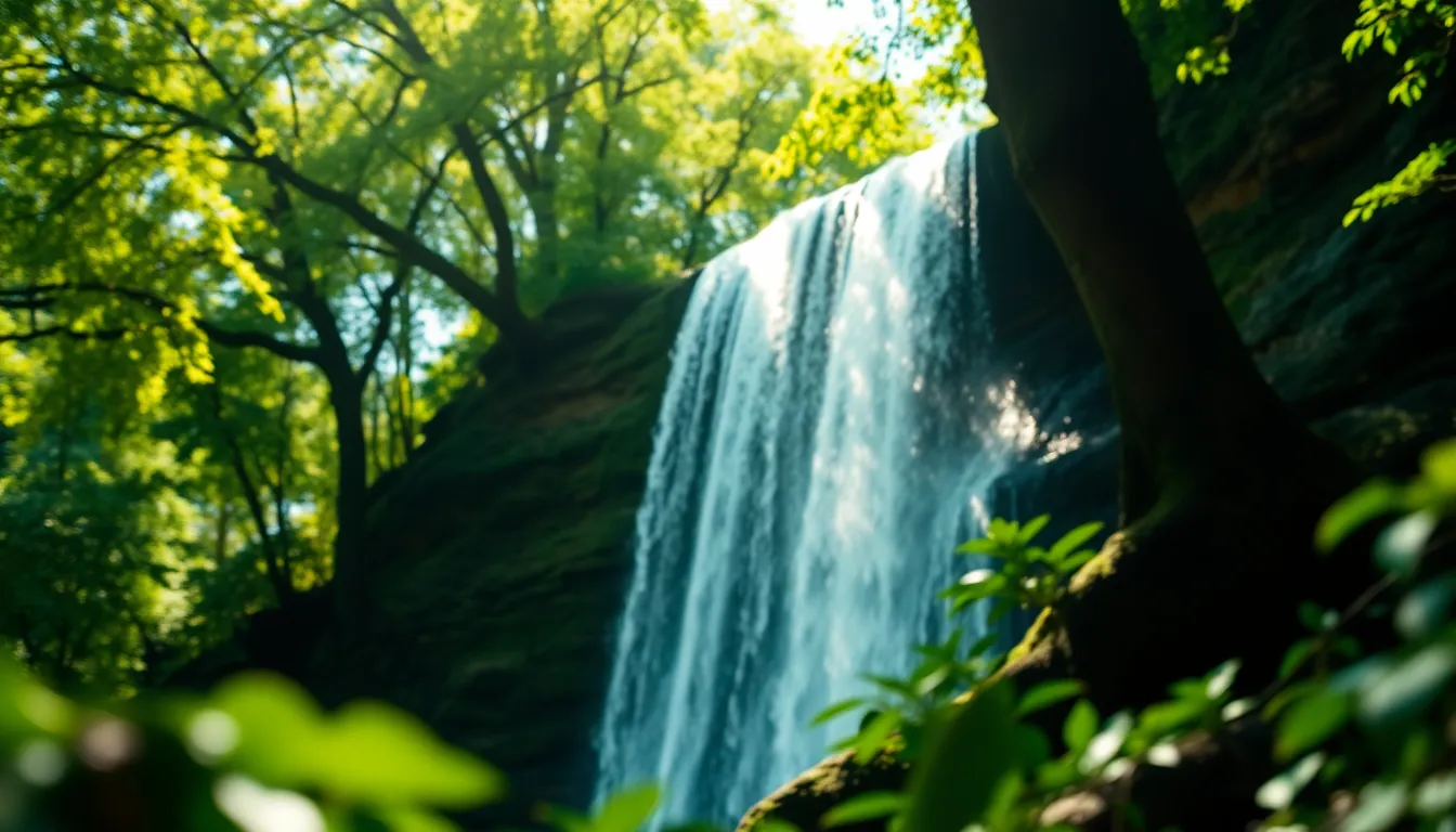 This image features a stunning waterfall nestled deep within a forest, where dappled sunlight filters through the canopy above, casting intriguing patterns on the water below. The vibrant colors create a lush atmosphere, while the sharp details highlight both the flowing water and the surrounding natural elements. Leading lines from the banks of the river guide viewers' eyes right to the waterfall, enhancing the sense of depth and immersion in this tranquil natural setting.