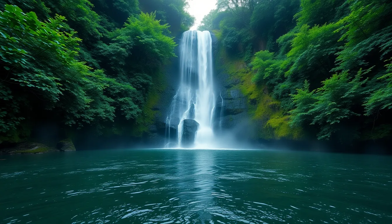 Misty Waterfall Surrounded by Nature