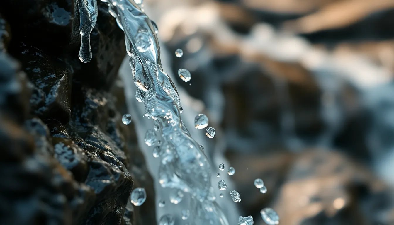 This captivating close-up captures intricate details of water droplets cascading from the rough rocks of a waterfall. Using a macro lens, the image highlights the textures and clarity of water, enhanced by soft filtered daylight. The saturated colors reminiscent of Fujifilm Velvia make each drop shimmer against a beautifully blurred background. The framing emphasizes the dynamic movement and flow of the water, inviting viewers to appreciate the beauty of nature's details.