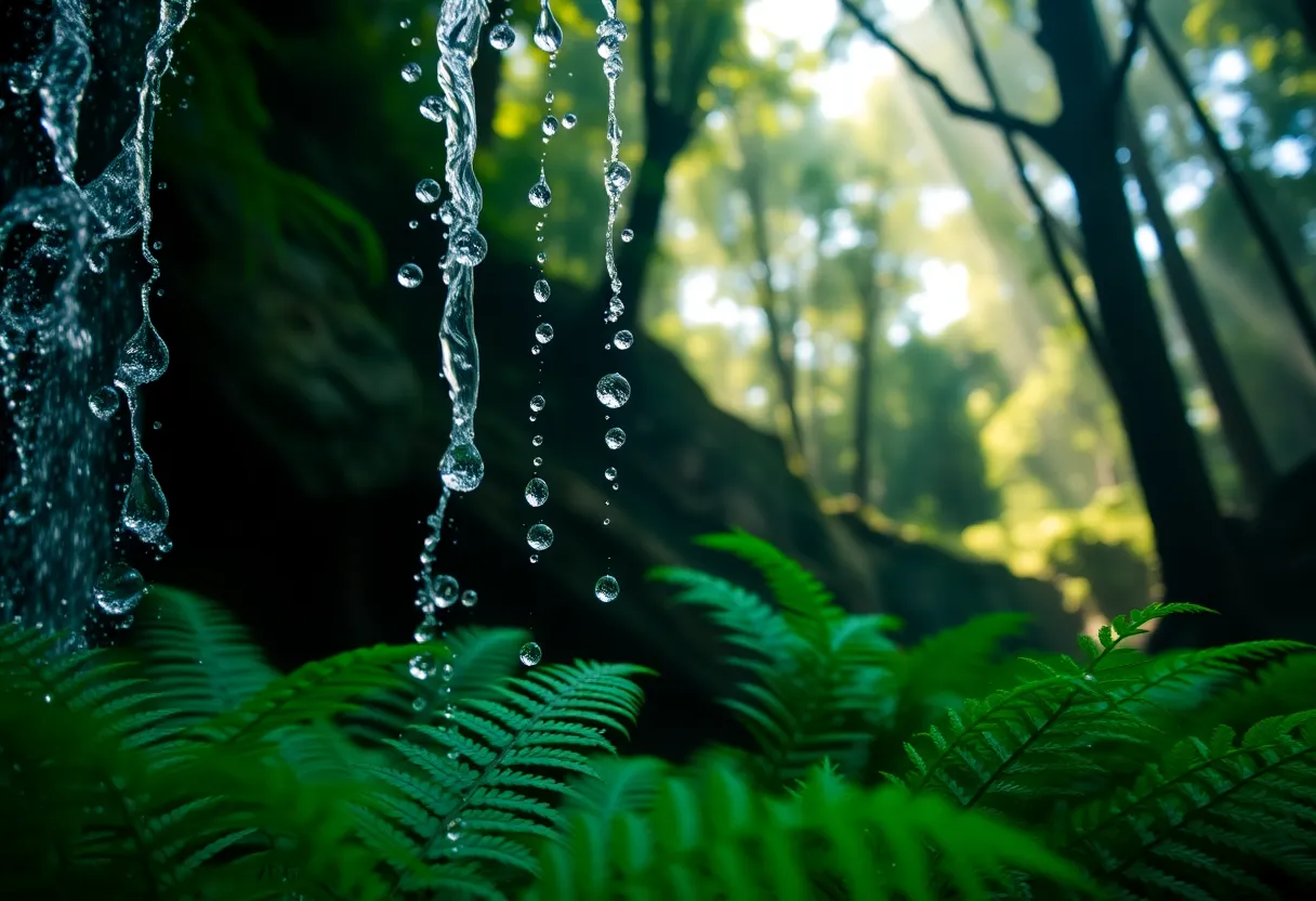This captivating close-up captures the intricate details of water droplets cascading from a lush waterfall onto vibrant green ferns below. Soft dappled sunlight filters through the trees, creating a magical atmosphere filled with gentle highlights. A shallow depth of field beautifully focuses on the droplets and ferns, while the rich greens and whites enhance the natural beauty of the scene. The close composition invites viewers to experience the delicate interplay between water and foliage.