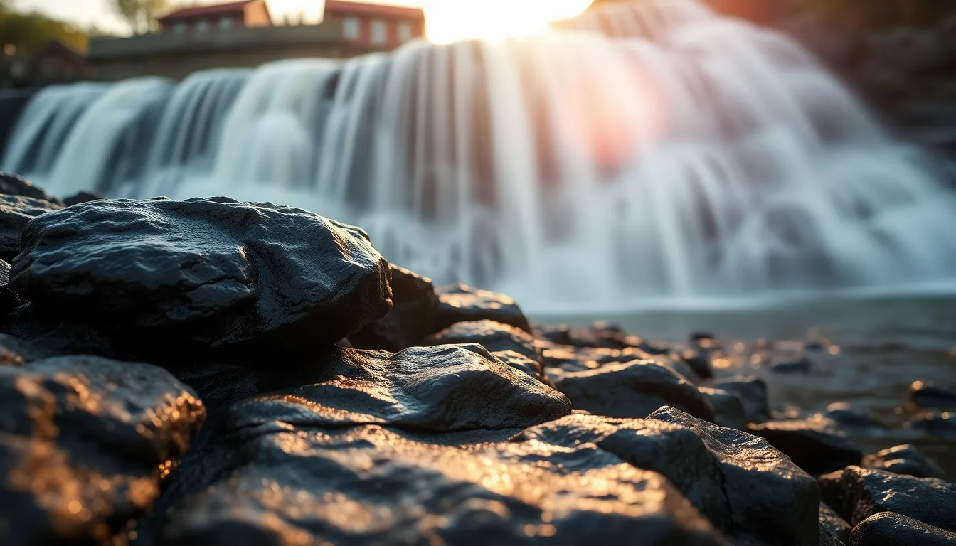 A stunning view of a majestic waterfall cascading over rugged cliffs during the golden hour. The sunlight backlights the water, creating a mesmerizing glow that contrasts with the vibrant greens of the surrounding forest. The composition features leading lines formed by rock formations that guide the viewer's eye toward the waterfall, while the shallow depth of field adds a dreamy quality to the image. Every detail, from the flowing water to the wet rocks, is captured with exceptional clarity.
