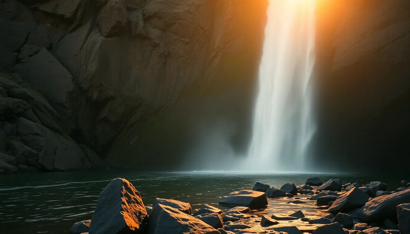 A breathtaking sunrise illuminating a cascading waterfall, creating a warm and inviting glow. Captured with a shallow depth of field, the waterfall stands out against the rugged rocks, highlighting the contrast between smooth water and rough surfaces. The composition follows the rule of thirds for dynamic appeal. The soft, warm colors enhance the tranquil mood, making this scene a perfect representation of serene natural beauty.