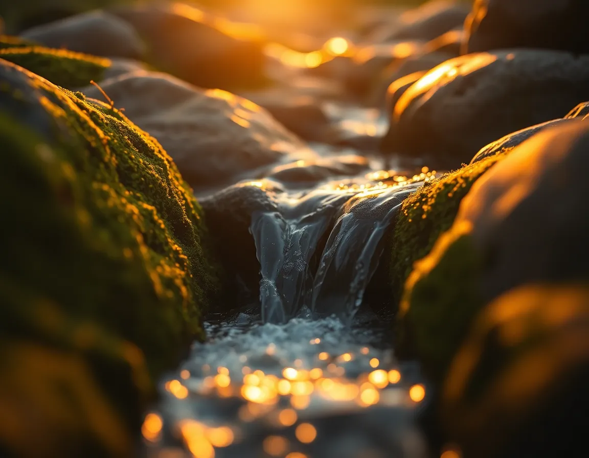 This intimate close-up captures a serene waterfall trickling between smooth, moss-covered stones. The golden hour light bathes the scene in warm tones, making the water sparkle as it flows. A shallow depth of field beautifully isolates the water, creating a dreamy atmosphere that highlights the tranquil textures of nature. The composition draws the eye with leading lines, inviting viewers to immerse themselves in this peaceful moment.
