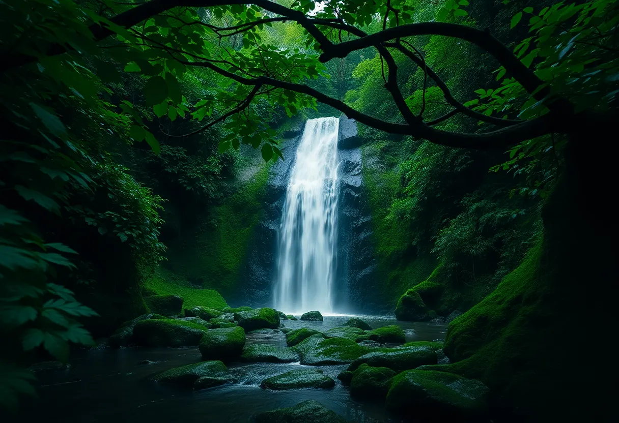 This enchanting image showcases a hidden waterfall nestled among thick green foliage, enveloped in a serene, overcast atmosphere. The soft light enhances the vibrant greens of the plants and the shimmering water cascading down the rocks. The scene's tranquility is palpable, inviting viewers to immerse themselves in the beauty of nature. The central composition emphasizes the magical allure of the waterfall, framed perfectly by the verdant flora.