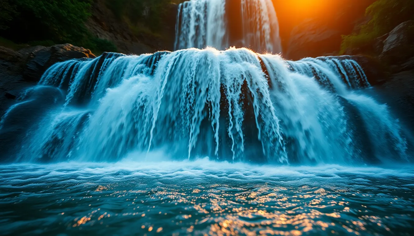 This stunning shot captures a waterfall during the golden hour, where warm backlighting creates a beautiful halo effect. The focus highlights the waterfall, while the lush foliage around it blurs into a creamy bokeh. The vibrant colors and reflections in the still pool below add to the enchanting ambiance of the scene. A symmetrical composition emphasizes the natural wonder of the waterfall, inviting admiration from all who view it.