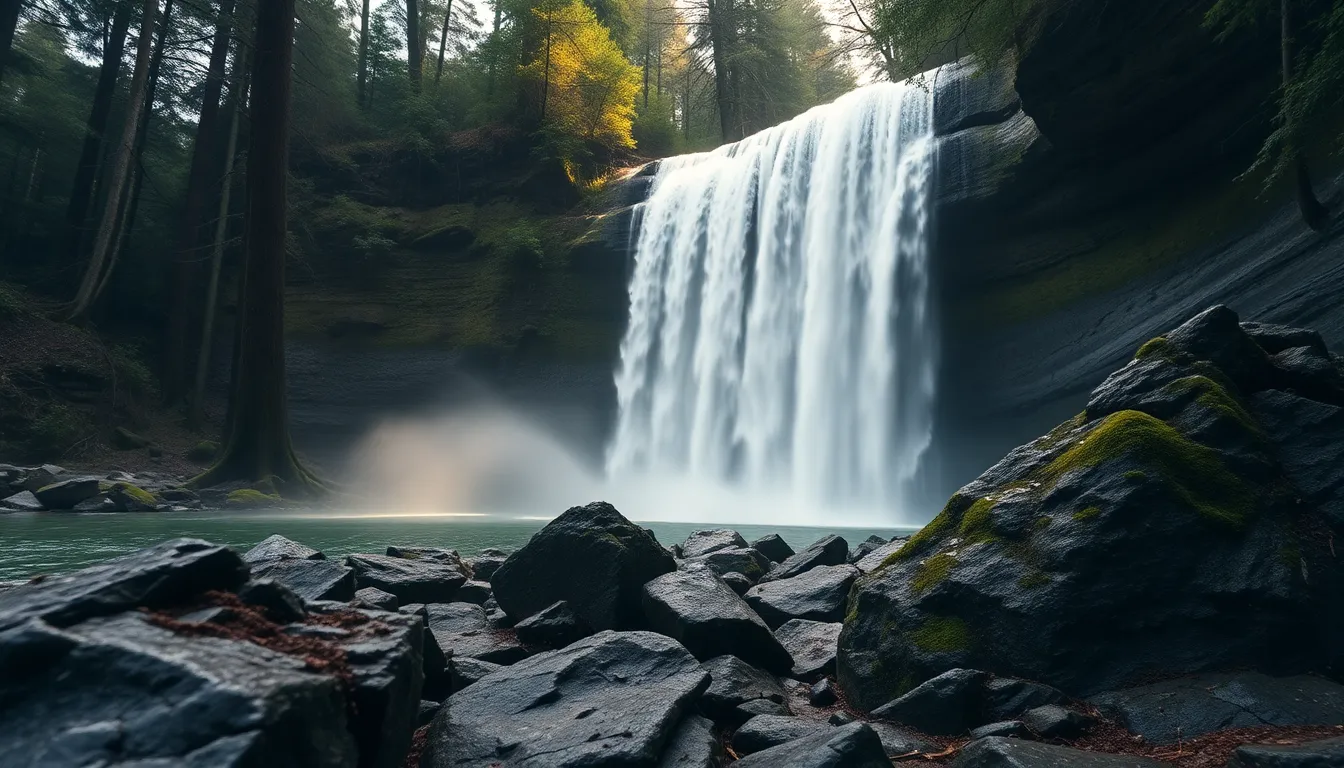 Waterfall in Misty Forest This captivating image features a breathtaking waterfall nestled within a misty forest. The soft diffused daylight creates a serene atmosphere, with natural muted tones enhancing the earthy feel of the scene. The composition thoughtfully places the waterfall off-center, allowing the viewer to appreciate the rugged stones and lush greenery in the foreground. This tranquil setting invites calm and reflection.