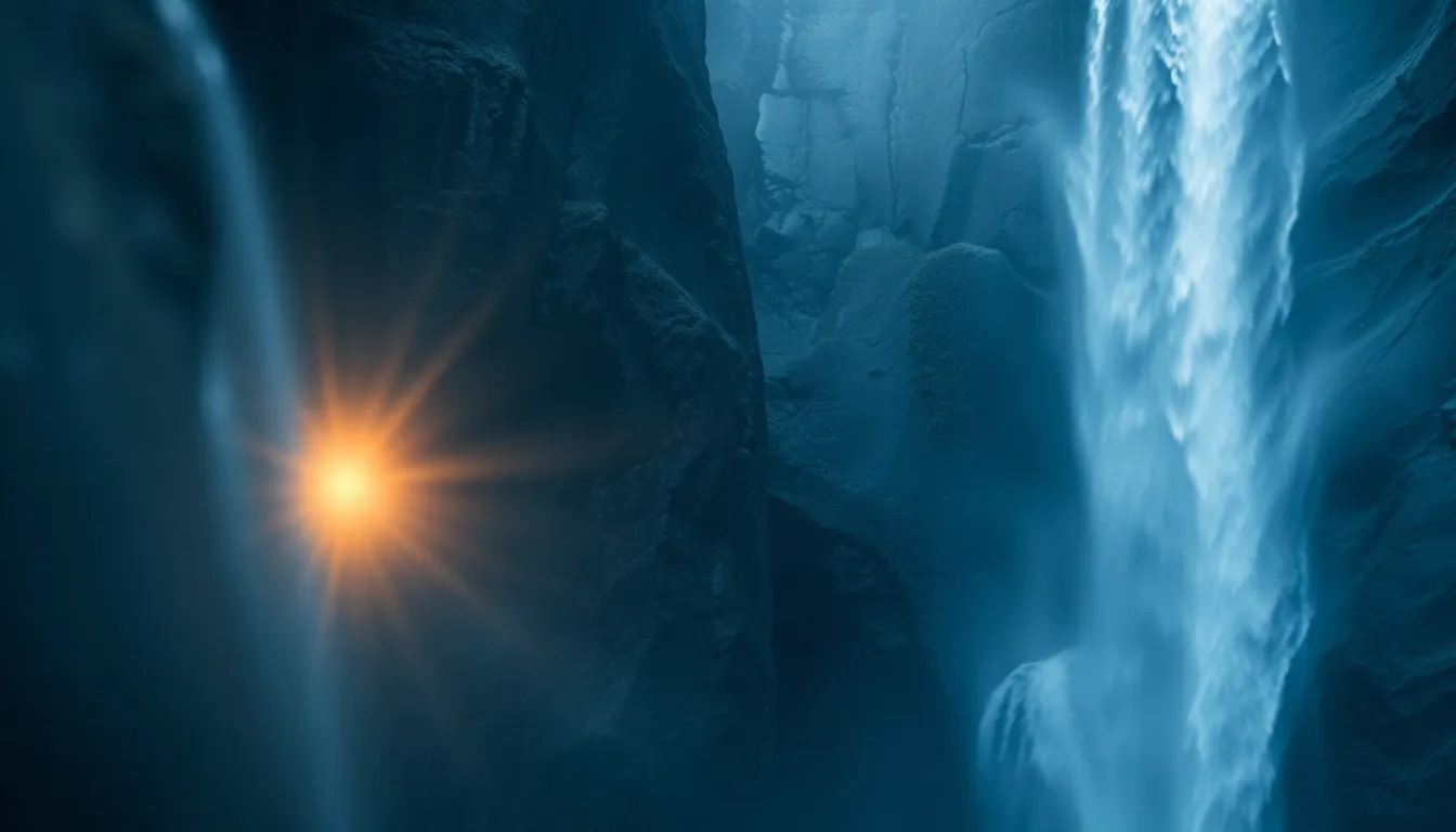 This stunning close-up captures the exhilarating beauty of a cascading waterfall tumbling down rugged cliffs, enveloped in a fine mist. The gentle morning light highlights the water droplets, creating shimmering reflections against a backdrop of cool blues and grays. The rich textures of the surrounding foliage contrast beautifully with the smooth flow of the water, resulting in a dynamic and engaging composition that evokes the freshness of an early day in nature.