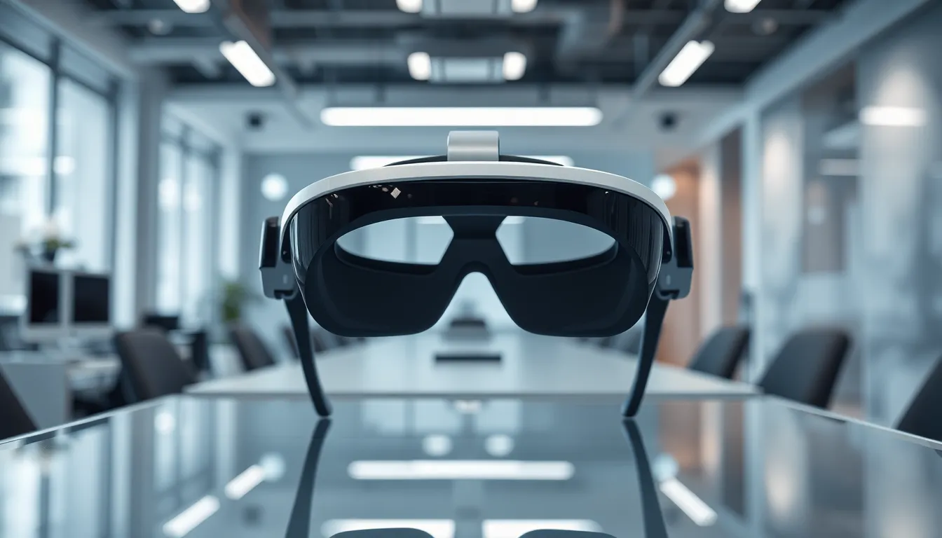 Futuristic Augmented Reality Headset This captivating image features a futuristic augmented reality headset elegantly displayed on a sleek glass table, symbolizing advanced wearable technology. The cool, clean lighting from overhead fixtures enhances the modern aesthetic of an innovative tech office background. The shallow depth of field draws the viewer's attention to the headset, emphasizing its intricate design and details. The symmetrical composition and texture details create a striking visual representation of the future of wearables.