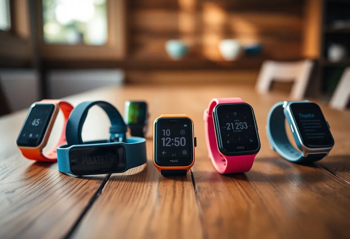 An engaging image featuring a collection of colorful fitness trackers arranged neatly on a rustic wooden table. Natural daylight floods the scene, bringing out the unique textures and colors of each tracker. The composition employs leading lines that guide the viewer's gaze across the array of wearables, while the earthy tones enhance the organic feel. This image captures the essence of personal health and technology.