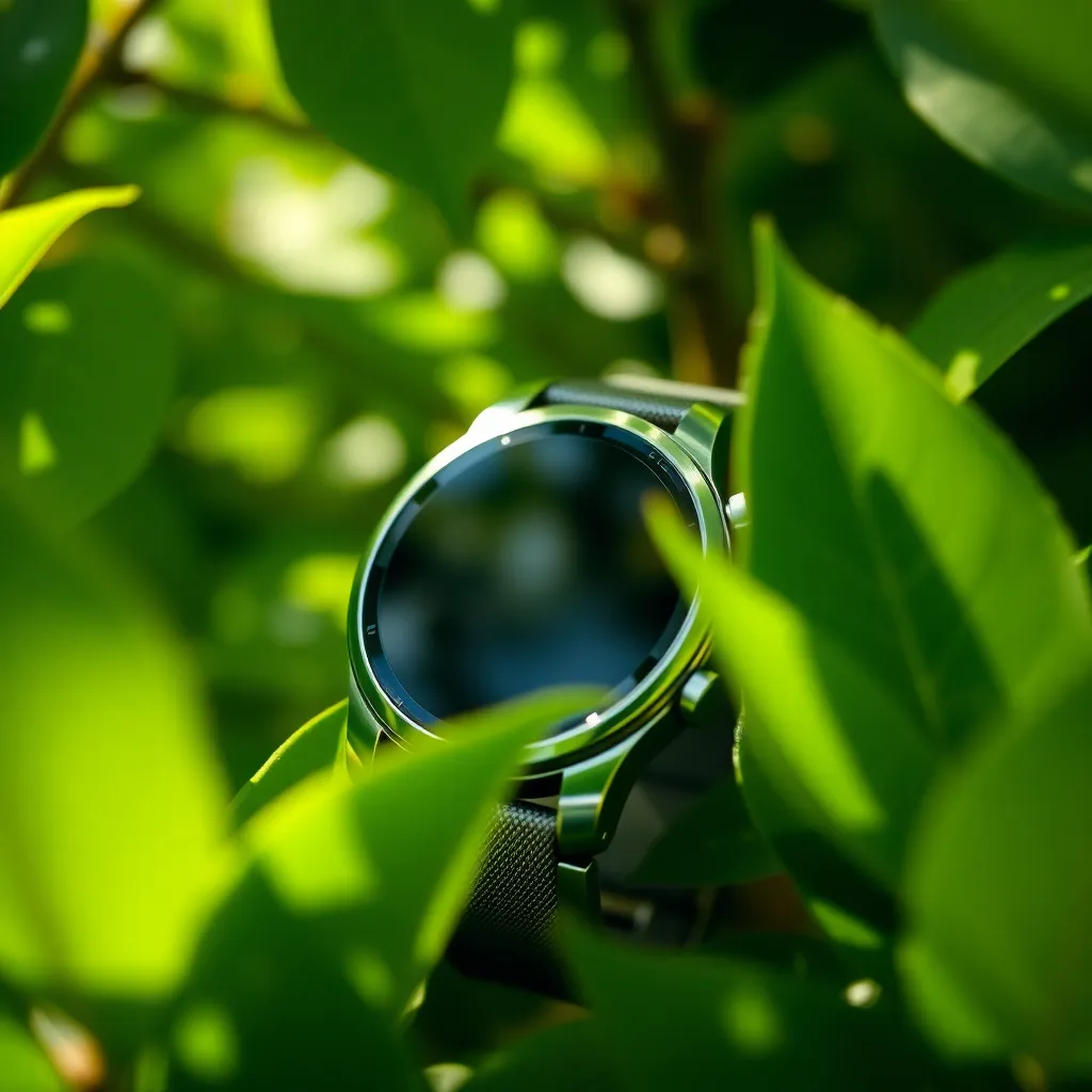 A captivating close-up image of a smartwatch nestled among vibrant green leaves, symbolizing the intersection of technology and nature. Dappled sunlight creates a magical effect, enhancing the textures of the watch's screen and band. The sharp focus on the watch contrasts beautifully with the soft bokeh of the foliage, drawing viewers into the harmony of this modern device within a natural setting.