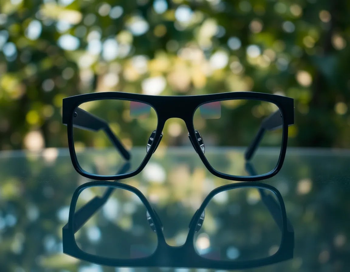 Augmented Reality Glasses on Glass Table An exquisite shot of augmented reality glasses resting on a sleek glass table, captured with soft natural daylight enhancing their futuristic design. The shallow depth of field creates an ethereal bokeh effect of greenery in the background, highlighting the glasses' intricate details and reflections on the lenses. This image perfectly combines technology with a natural aesthetic, appealing to those interested in modern wearables.