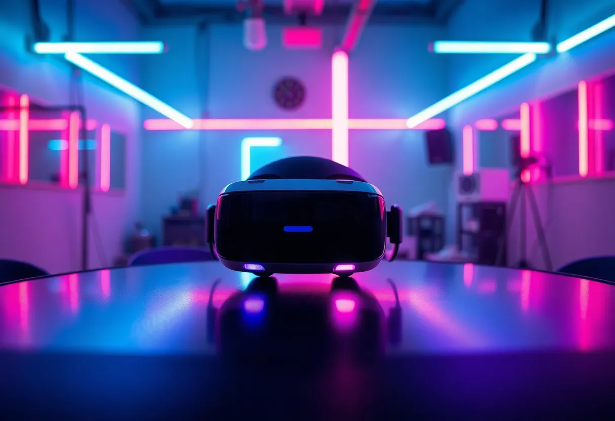 A stunning image highlighting a modern VR headset resting on a sleek black table, illuminated by vibrant neon lights. The dynamic reflections create an electrifying atmosphere, emphasizing the innovative design of the headset. The composition centers the product, with a shallow depth of field ensuring it stands out against the colorful backdrop. This image encapsulates the excitement of advanced virtual reality technology.