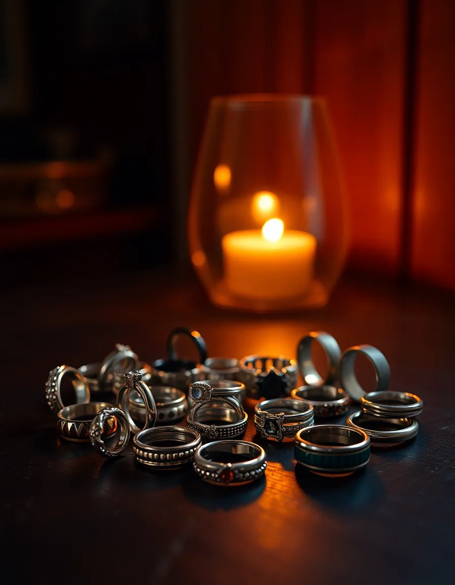 Elegant Smart Rings on Dark Wooden Surface A captivating arrangement of elegant smart rings displayed on a rich, dark wooden surface, illuminated by warm tungsten lighting that creates a cozy and inviting mood. The image highlights the intricate designs and textures of the rings, with a focus on the beautiful craftsmanship. The warm color palette enhances the overall appeal, making it an attractive option for wearable technology enthusiasts.