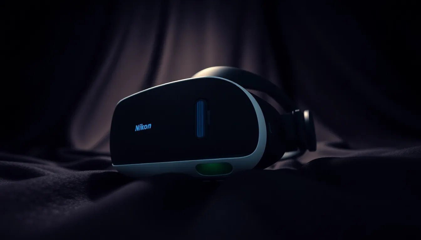 High-Tech VR Headset on Textured Fabric An artistic display of a cutting-edge VR headset positioned atop a rich, textured black fabric. The dramatic overhead lighting highlights the sophisticated design and glossy finish of the headset. Shot at a slight Dutch angle, the image conveys a sense of modernity and innovation, with vibrant color saturation emphasizing the product's sleek contours against the dark background.