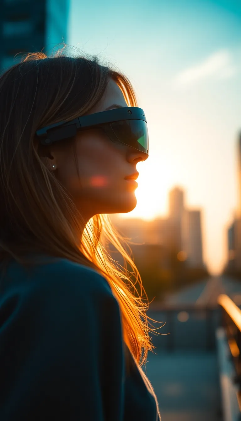 A striking image of a young woman wearing augmented reality glasses, captured during the enchanting golden hour. The warm backlighting enhances her features while the city skyline provides a dynamic backdrop. The shallowness of the depth of field emphasizes her profile, creating a captivating focal point. The blend of teal and orange tones infuses the scene with a modern, tech-savvy aesthetic.