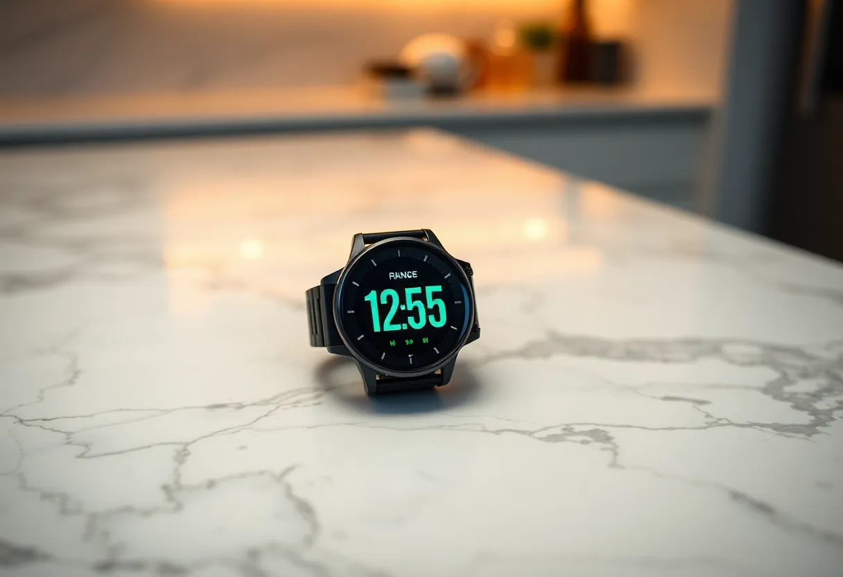 A high-tech smartwatch rests on a marble countertop, clearly displaying fitness metrics. The soft, warm LED lighting casts subtle reflections on the sleek surface, enhancing the product's appeal. With a cool color palette of whites and grays, the image creates a modern and sophisticated atmosphere. The diagonal composition draws the viewer’s attention toward the watch, showcasing its features elegantly.