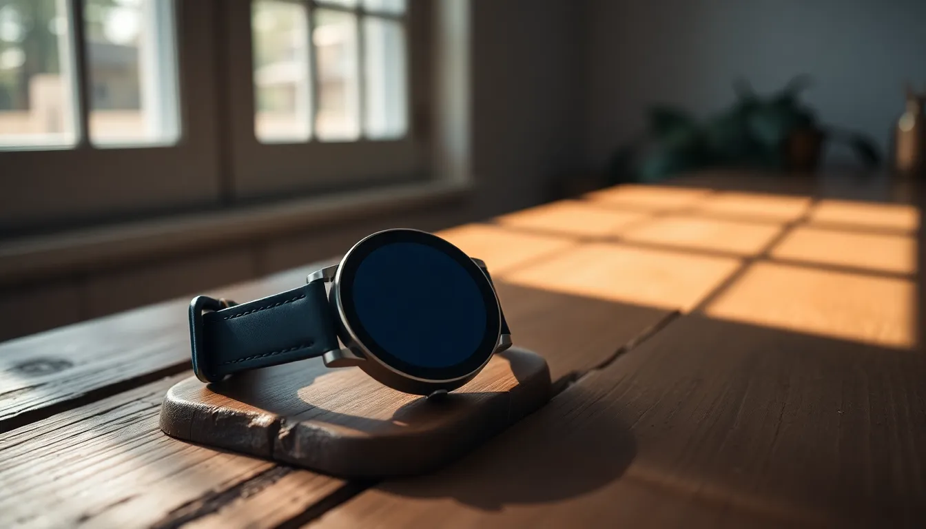 A modern smartwatch is elegantly displayed on a rustic wooden table, emitting a soft glow from its digital screen. Subtle daylight from a nearby window enhances the warm tones of the wood, creating an inviting and cozy atmosphere. The shallow depth of field accentuates the watch, making it the focal point against a softly blurred background. This image perfectly captures the blend of technology and natural materials, ideal for lifestyle or technology-related content.