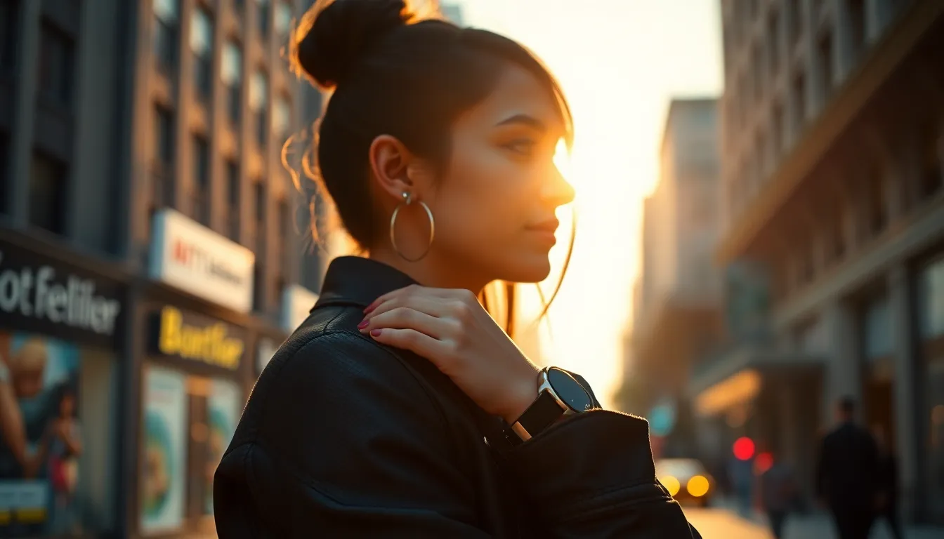 Stylish Woman in City with Smartwatch