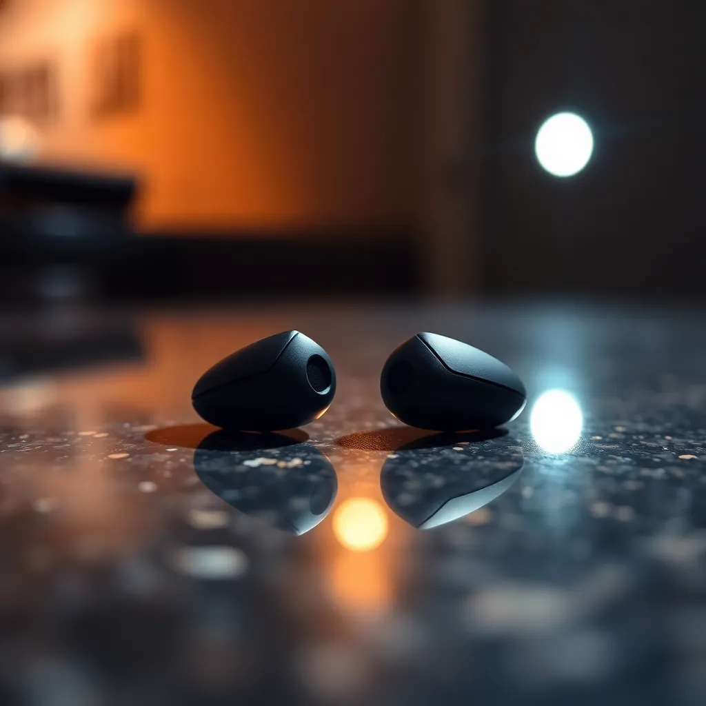Close-Up of Wireless Earbuds on Granite Surface